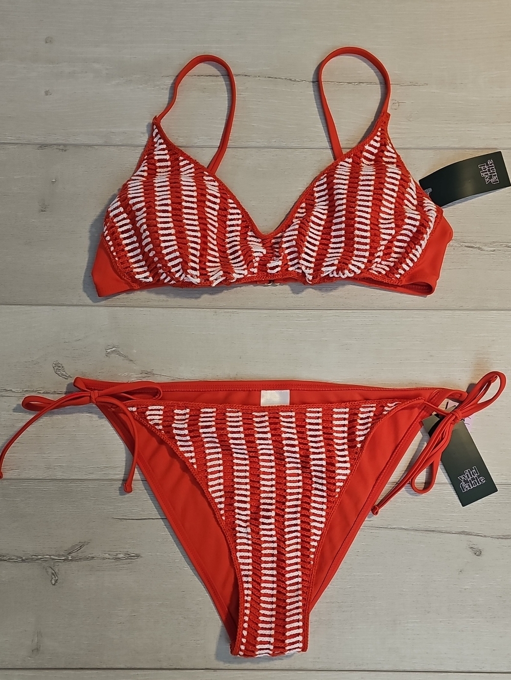 Wild Fable Women's L Crochet Orangish Red and White Tie-Side Bikini Set